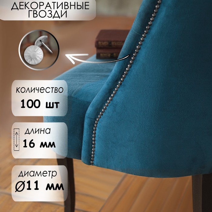 Гвозди ТУНДРА, декоративные, обивочные, фактурные, 11×16 мм, хром, 100 шт. - Фото 1