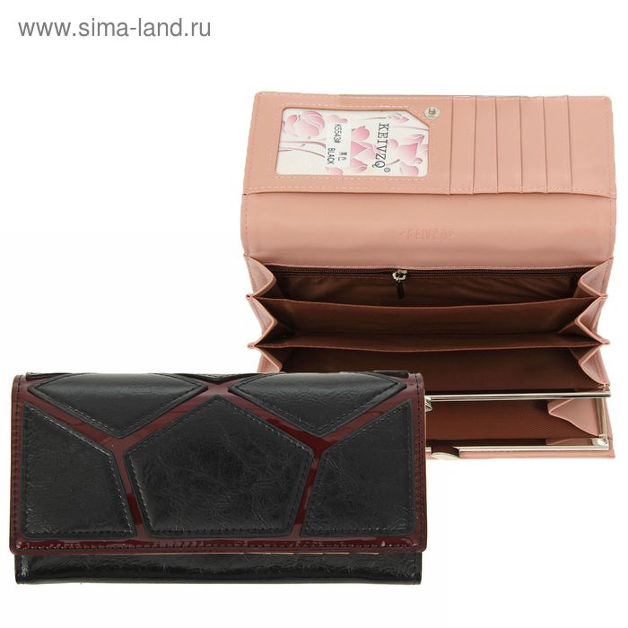 Кошелёк женский на клапане, 4 отдела, комбинированный, чёрный - Фото 1