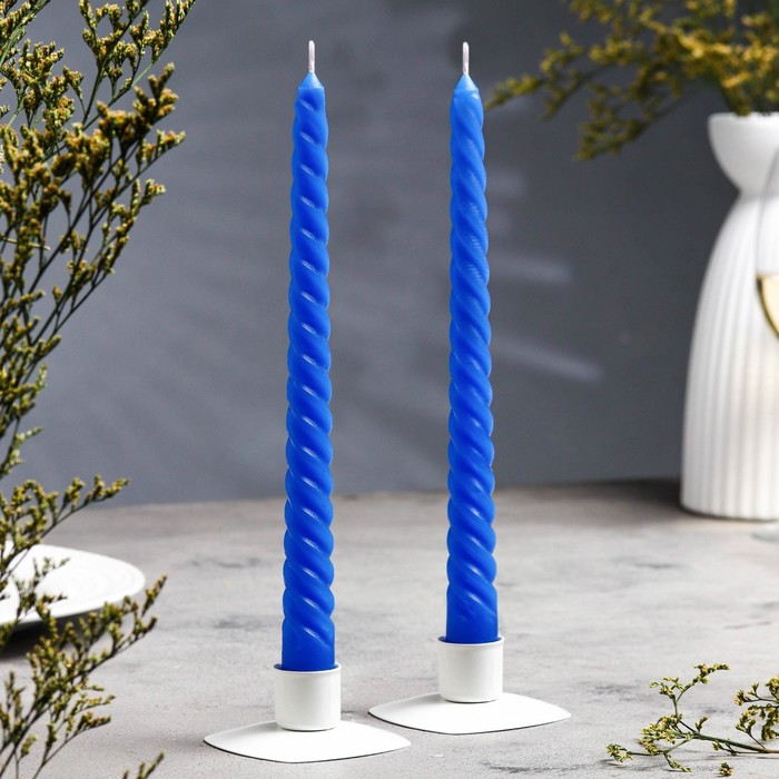 Набор свечей витых, 2,2х 25  см, лакированная 2 штуки, синий - Фото 1