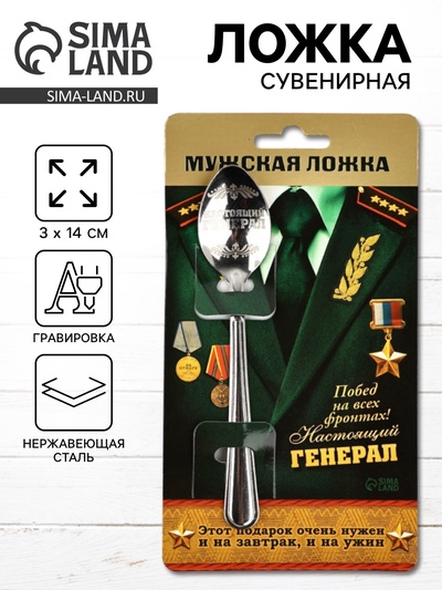 Ложка чайная с гравировкой «Настоящий генерал», на подарочной открытке, 3×14 см