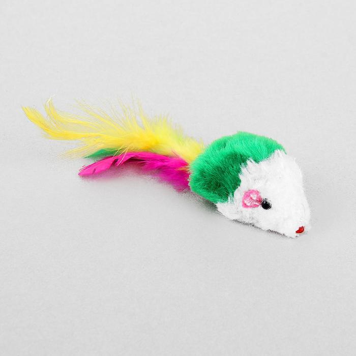 Игрушка для кошек "Малая мышь" с перьями, 5 см, микс цветов - Фото 1