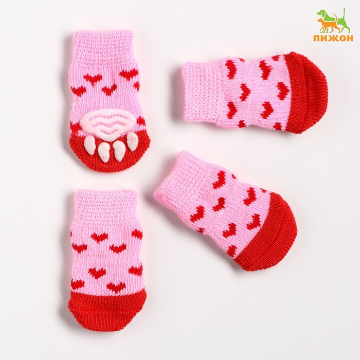 Носки нескользящие "Сердечки", размер S (2,5/3,5 * 6 см), набор 4 шт, розовые - Фото 1