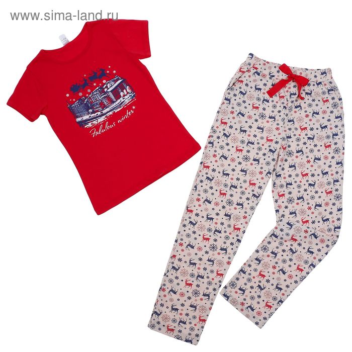 Комплект для девочки "Олени" (футболка+штаны), рост 146 см (76), цвет брусника К 2408 - Фото 1