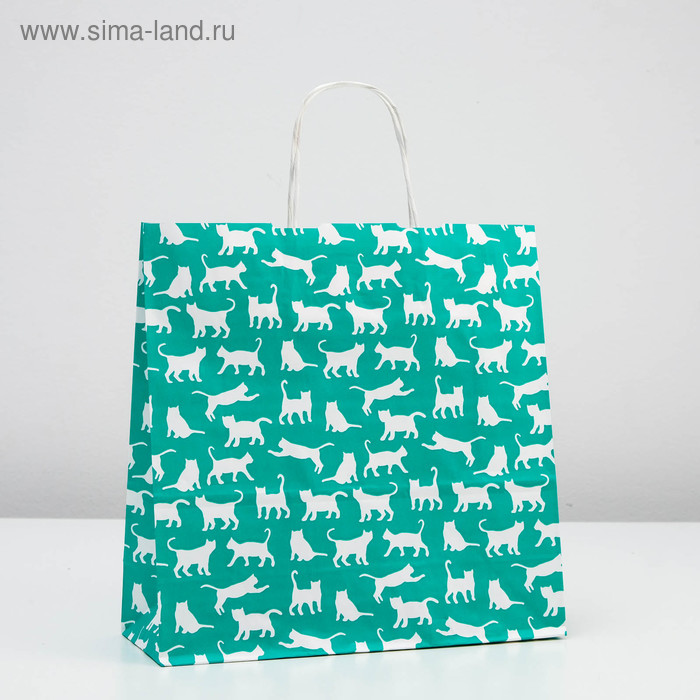 Пакет крафт «Коты белые на зеленом», 32 х 12 х 32 см - Фото 1