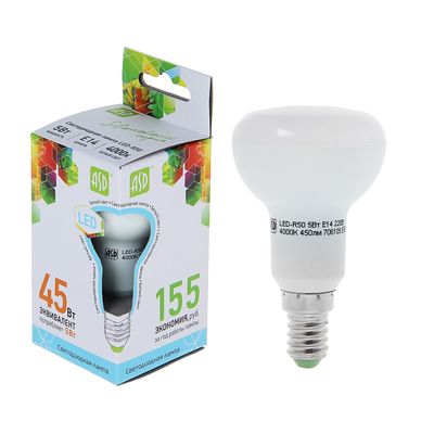 Лампа светодиодная ASD LED-R50-standard, Е14, 5 Вт, 230 В, 4000 К, 450 Лм