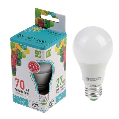 Лампа светодиодная ASD LED-A60-standard, Е27, 7 Вт, 230 В, 4000 К, 630 Лм