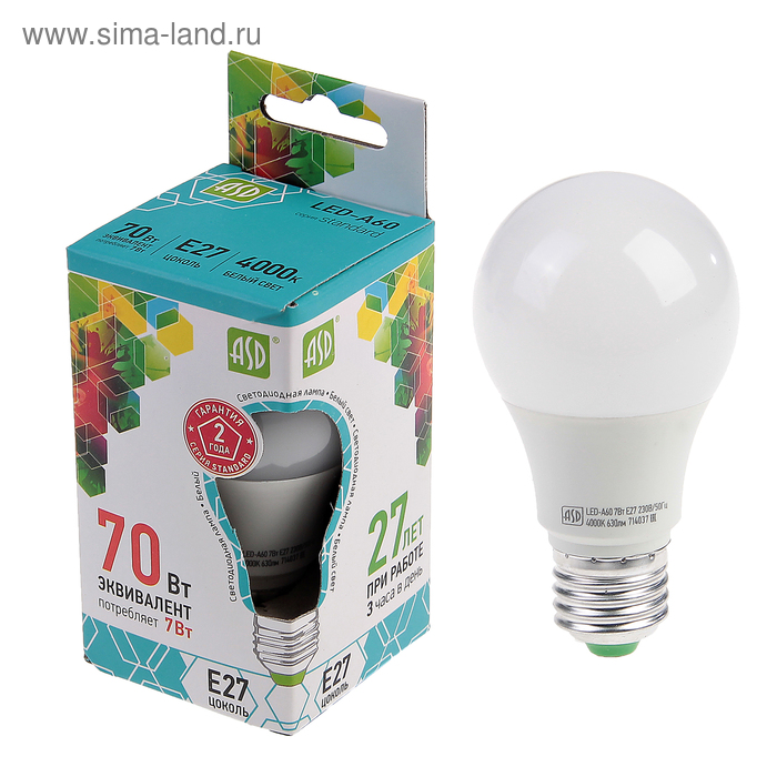 Лампа светодиодная ASD LED-A60-standard, Е27, 7 Вт, 230 В, 4000 К, 630 Лм - Фото 1