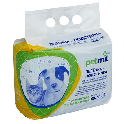 Пеленки PETMIL впитывающие целлюлозные, 60×40 см (в наборе 30 шт.)