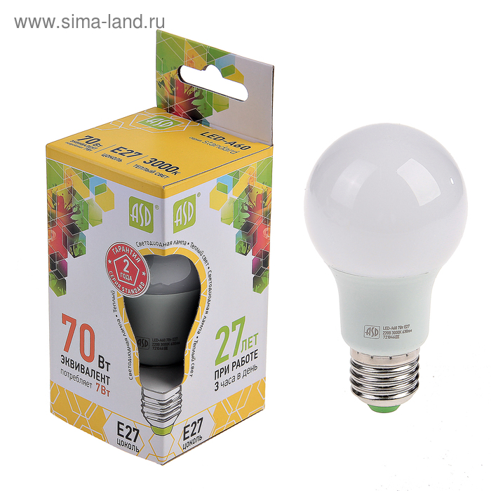 Лампа светодиодная ASD LED-A60-standard, Е27, 7 Вт, 230 В, 3000 К, 630 Лм - Фото 1