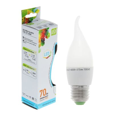 Лампа светодиодная ASD LED-СВЕЧА НА ВЕТРУ-standard, Е27, 7.5 Вт, 230 В, 4000 К, 675 Лм
