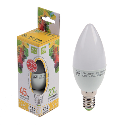 Лампа светодиодная ASD LED-СВЕЧА-standard, Е14, 5 Вт, 230 В, 3000 К, 450 Лм