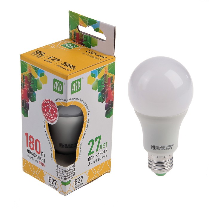 Лампа светодиодная ASD LED-A60-standard, Е27, 20 Вт, 230 В, 3000 К, 1800 Лм - Фото 1
