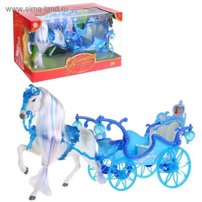 Карета принцессы с лошадью, со световыми эффектами, работает от батареек, БОНУС - куколка картонная, вырезная одежда - Фото 1