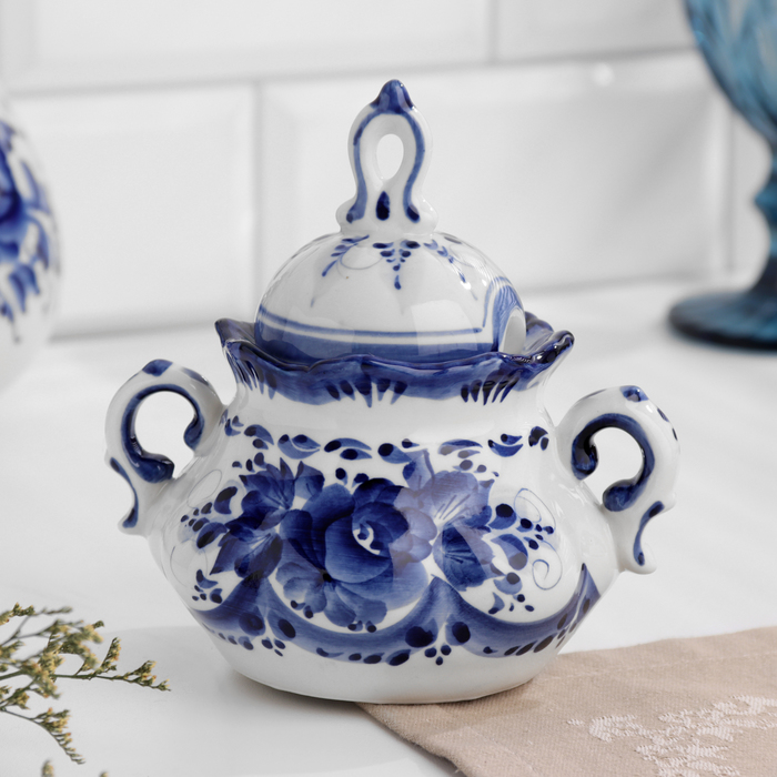 Сахарница гжель «Анимон», бело-синий,керамика, 7×7×14 см, - Фото 1